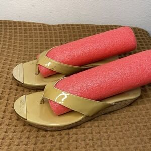 Jimmy Choo Yellow Patent Leather Sz EU 41 Wedge Thong Sandals Logo Metallic Toe
